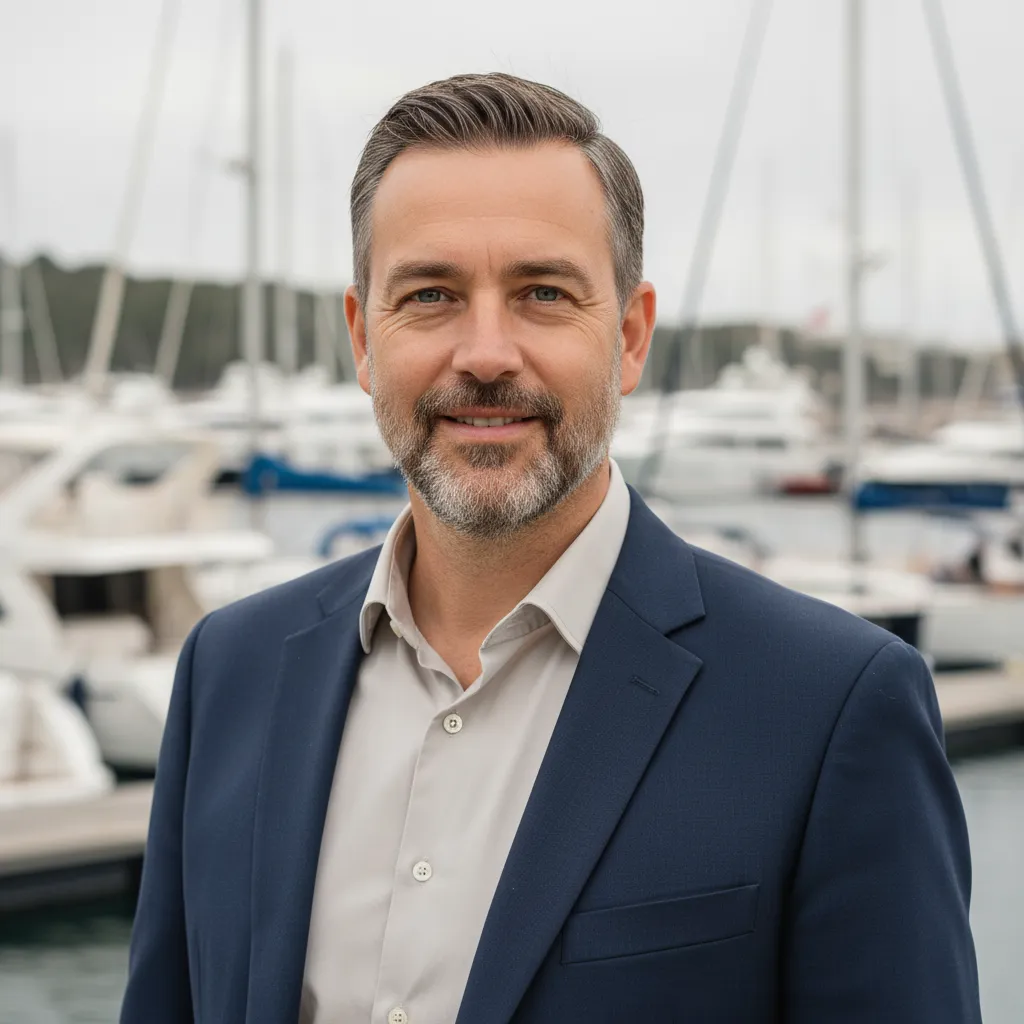 Geschäftsführer eines Bootscharterbetriebs im Hafen