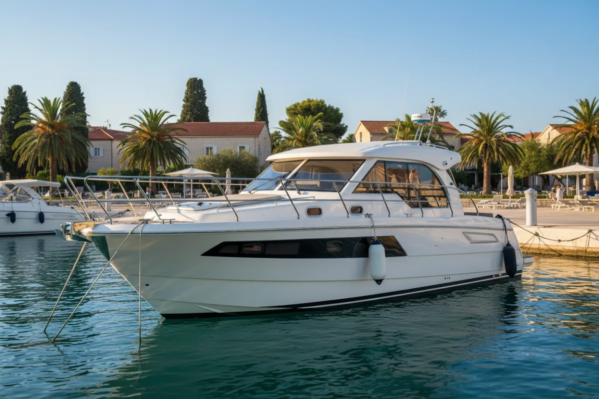 Moderner Motorkruiser an sonniger Marina der Adria