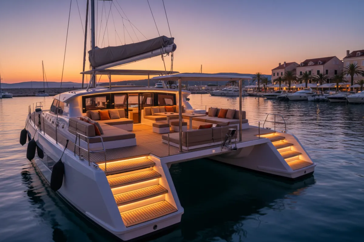 Katamaran mit breitem Deck und Loungepolstern vor Marina
