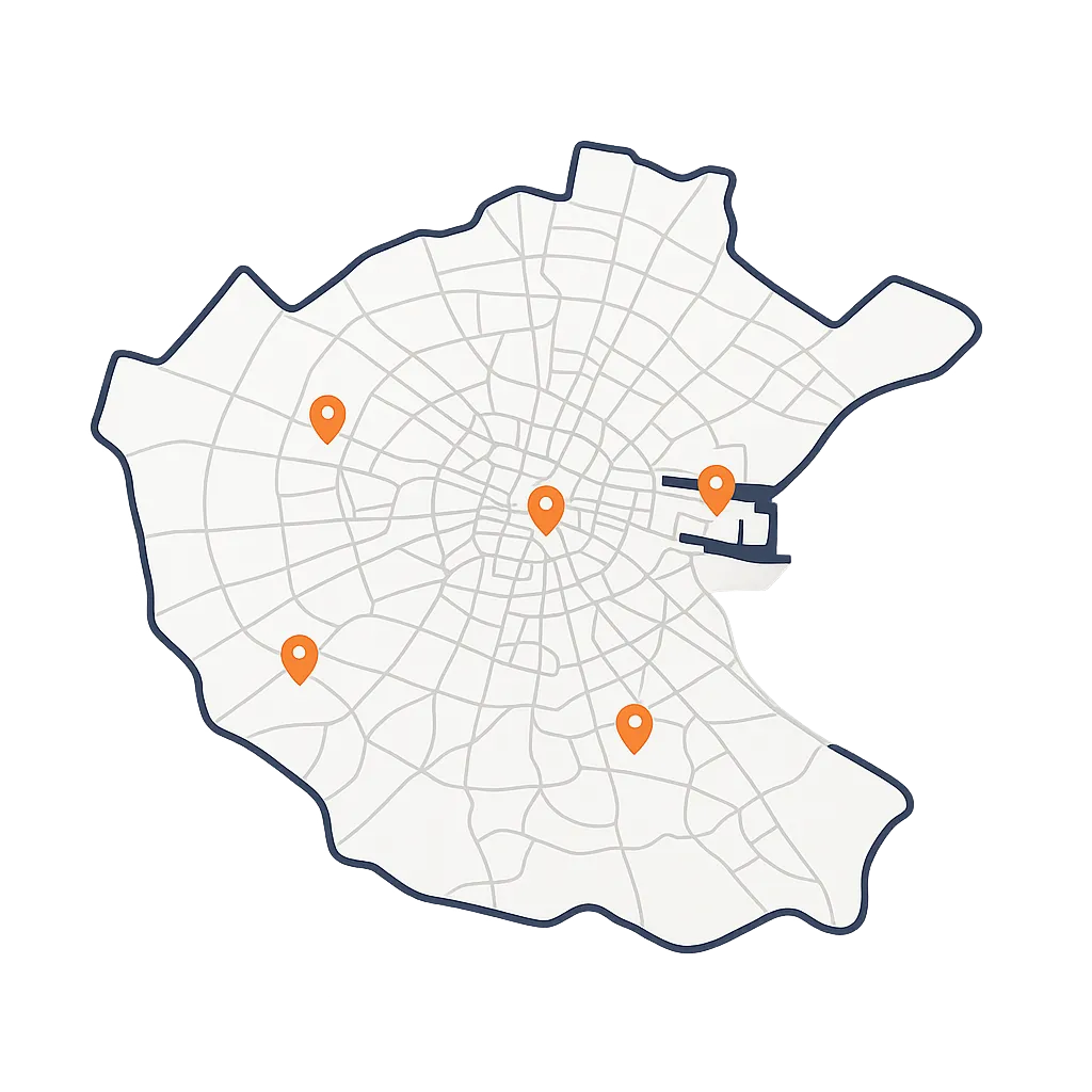 Stylized map of Dublin showing FlowFix plumbing service coverage areas