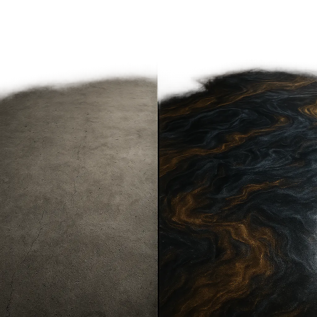 Before and after comparison of a metallic epoxy floor transformation over raw concrete