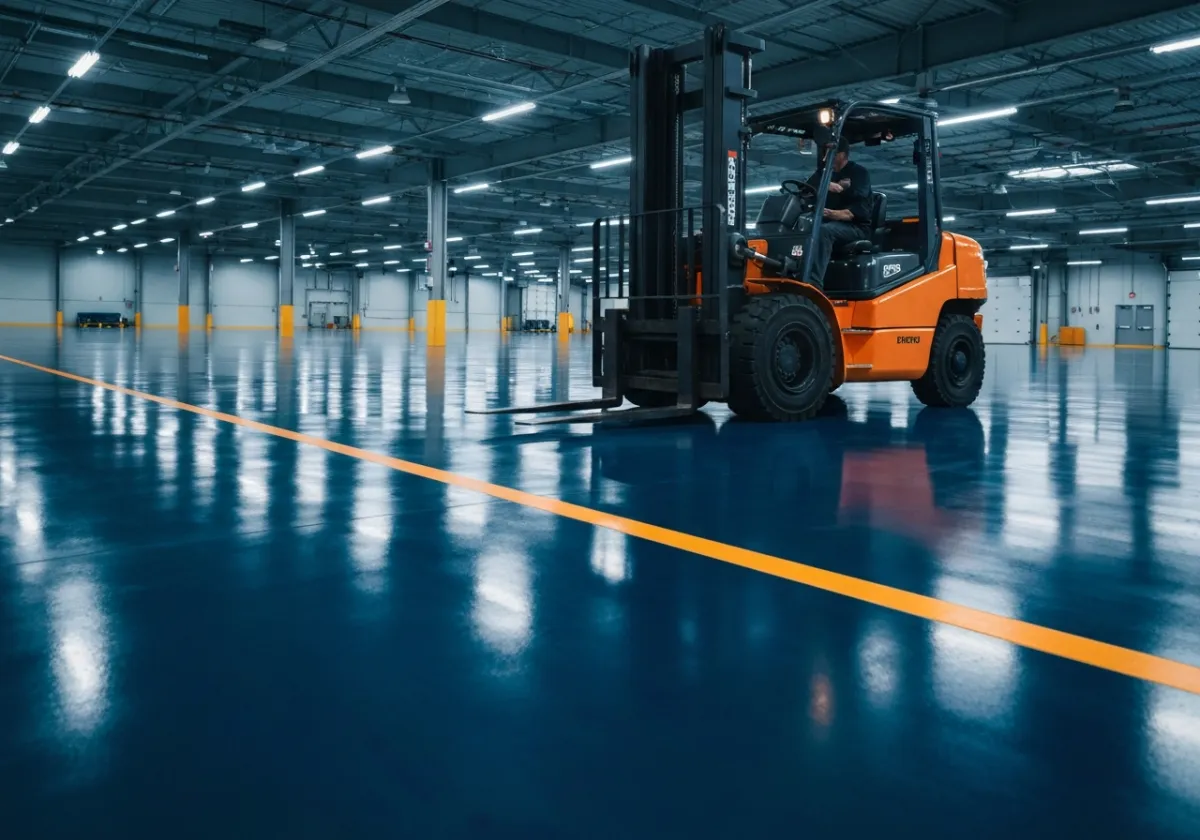 Heavy duty forklift operating on high-performance industrial epoxy floor