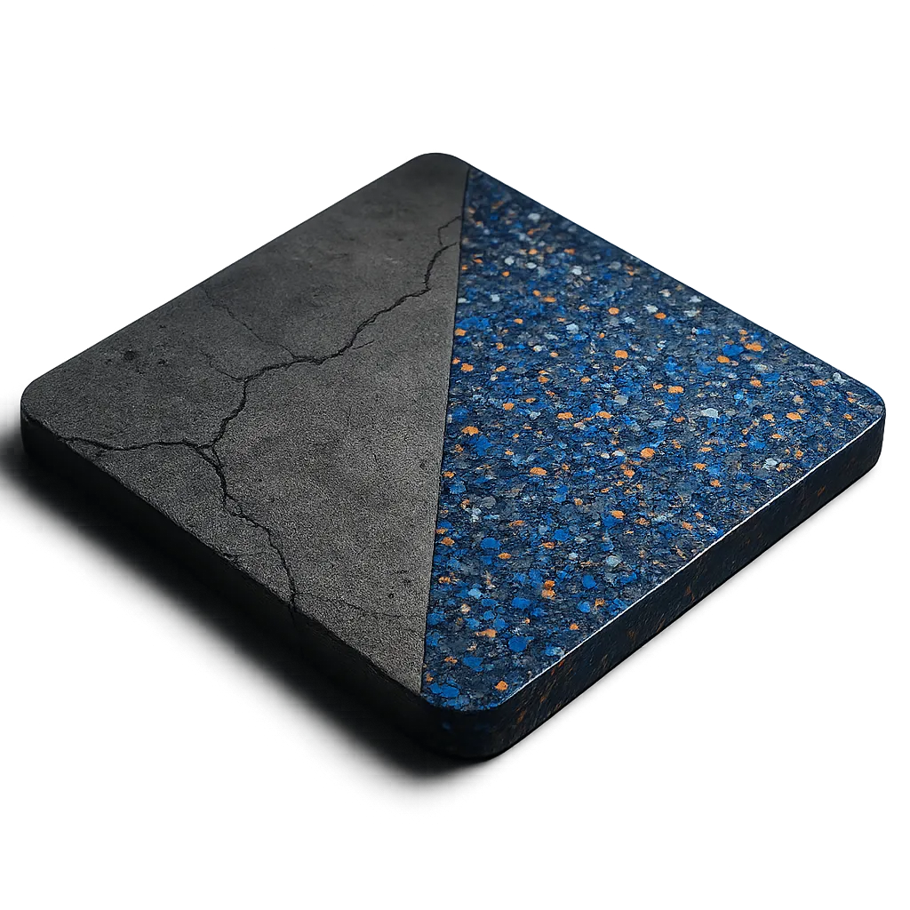 Split-screen composite comparing raw concrete to a premium textured flake epoxy floor finish