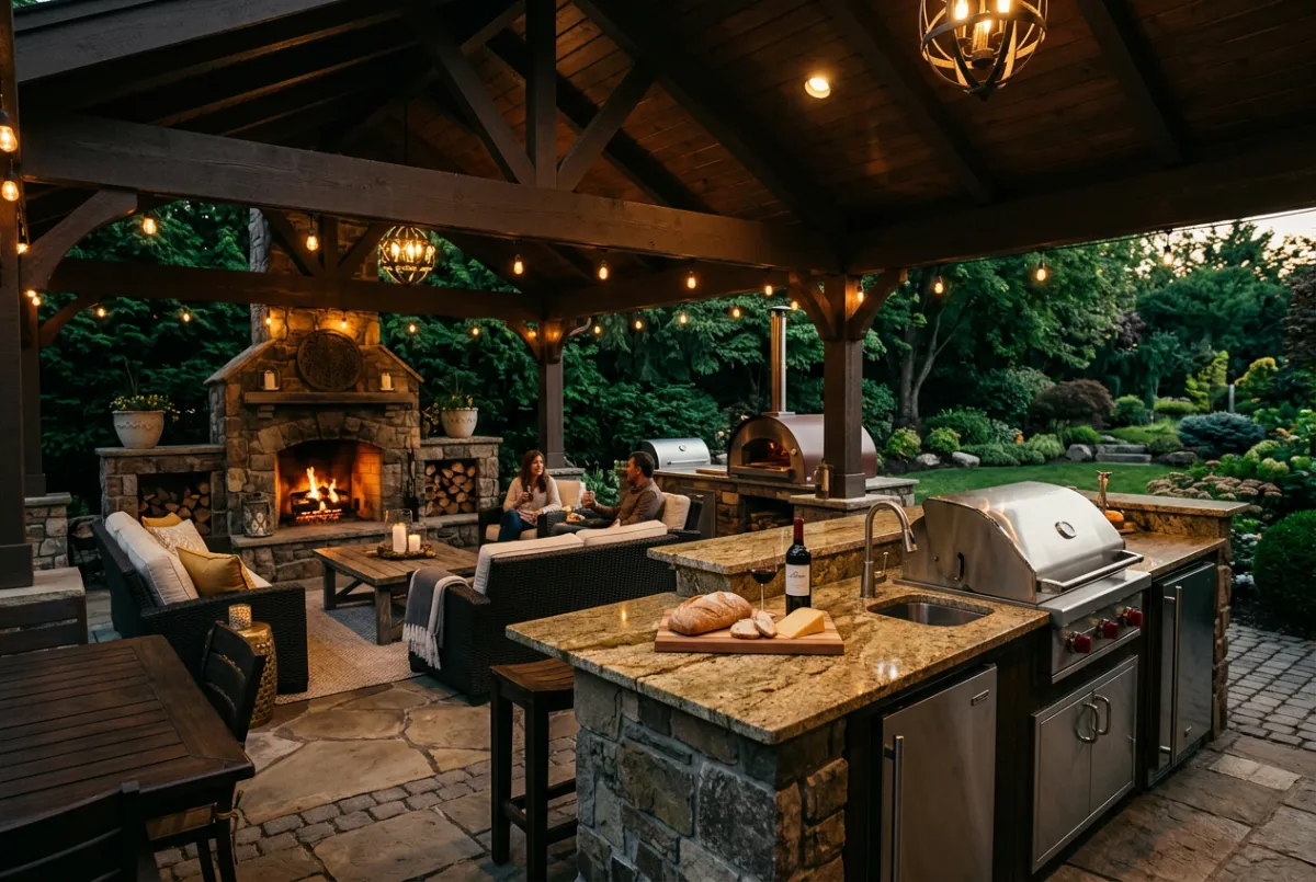 Luxury outdoor kitchen, fireplace, and covered entertainment pavilion