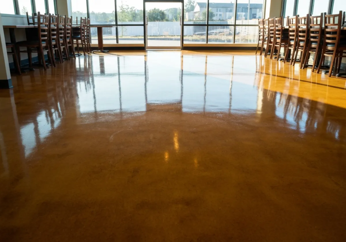 Pristine, newly installed epoxy flooring in a commercial space, ready for business opening