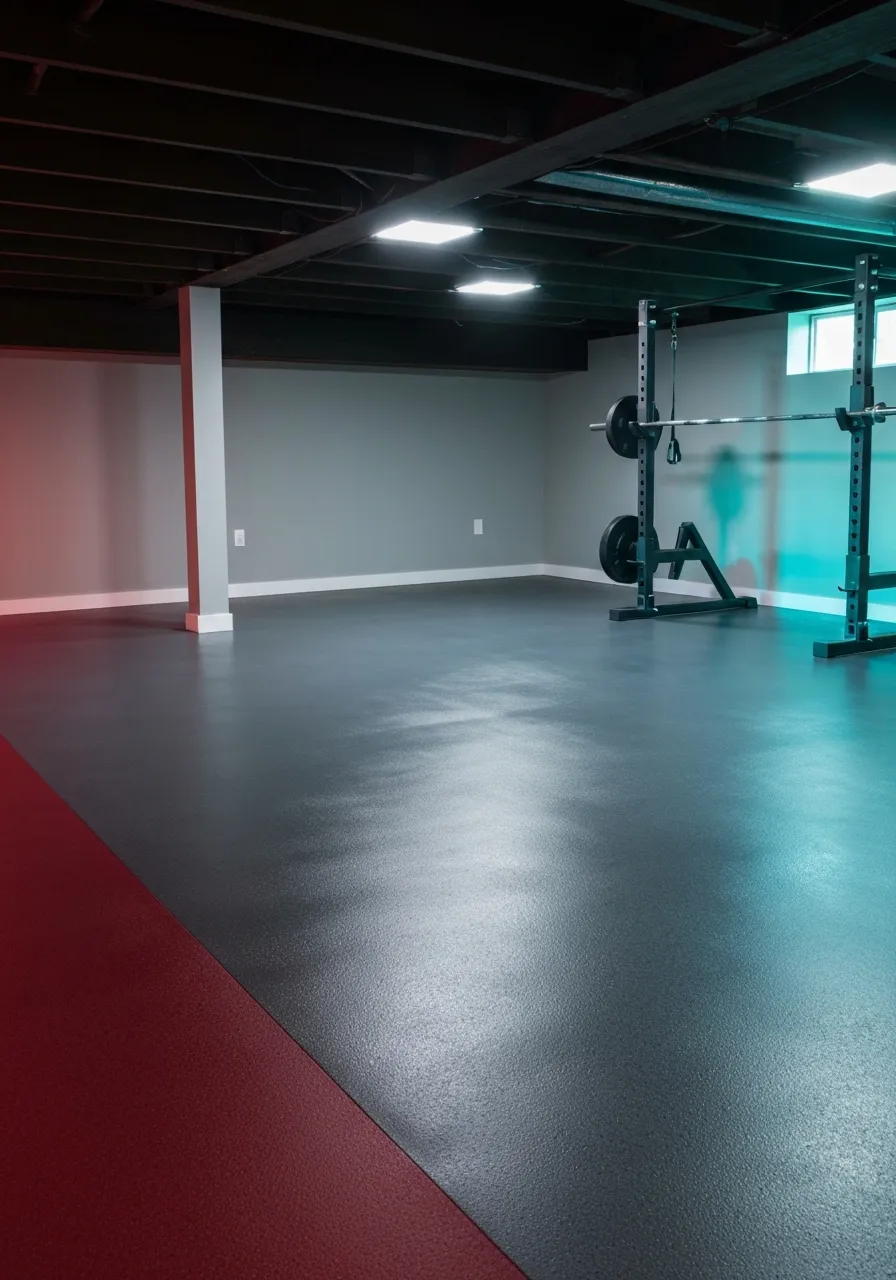 Finished basement gym with red-fleck epoxy flooring over what was once sweating concrete.