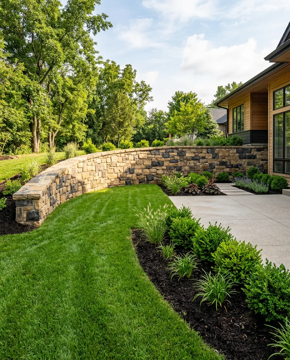 Engineered stone retaining wall with finished landscape grading and concrete patio in Charlestown Indiana