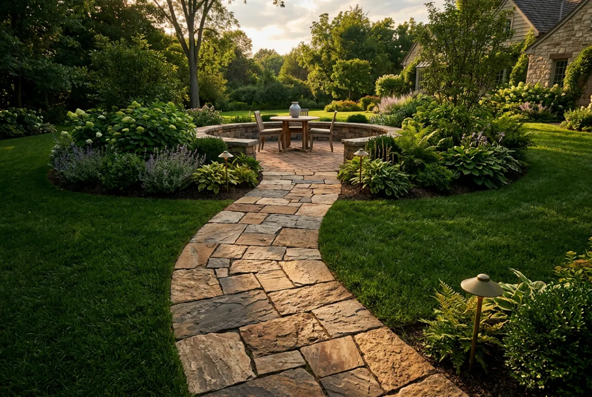Paver patio and stone walkway hardscaping