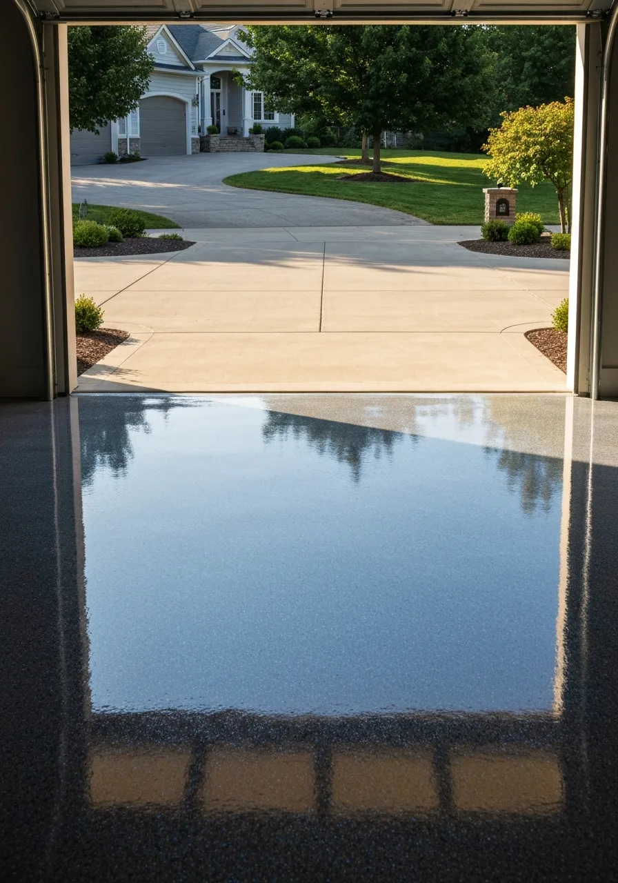 Finished high-gloss epoxy garage floor in an East Louisville home