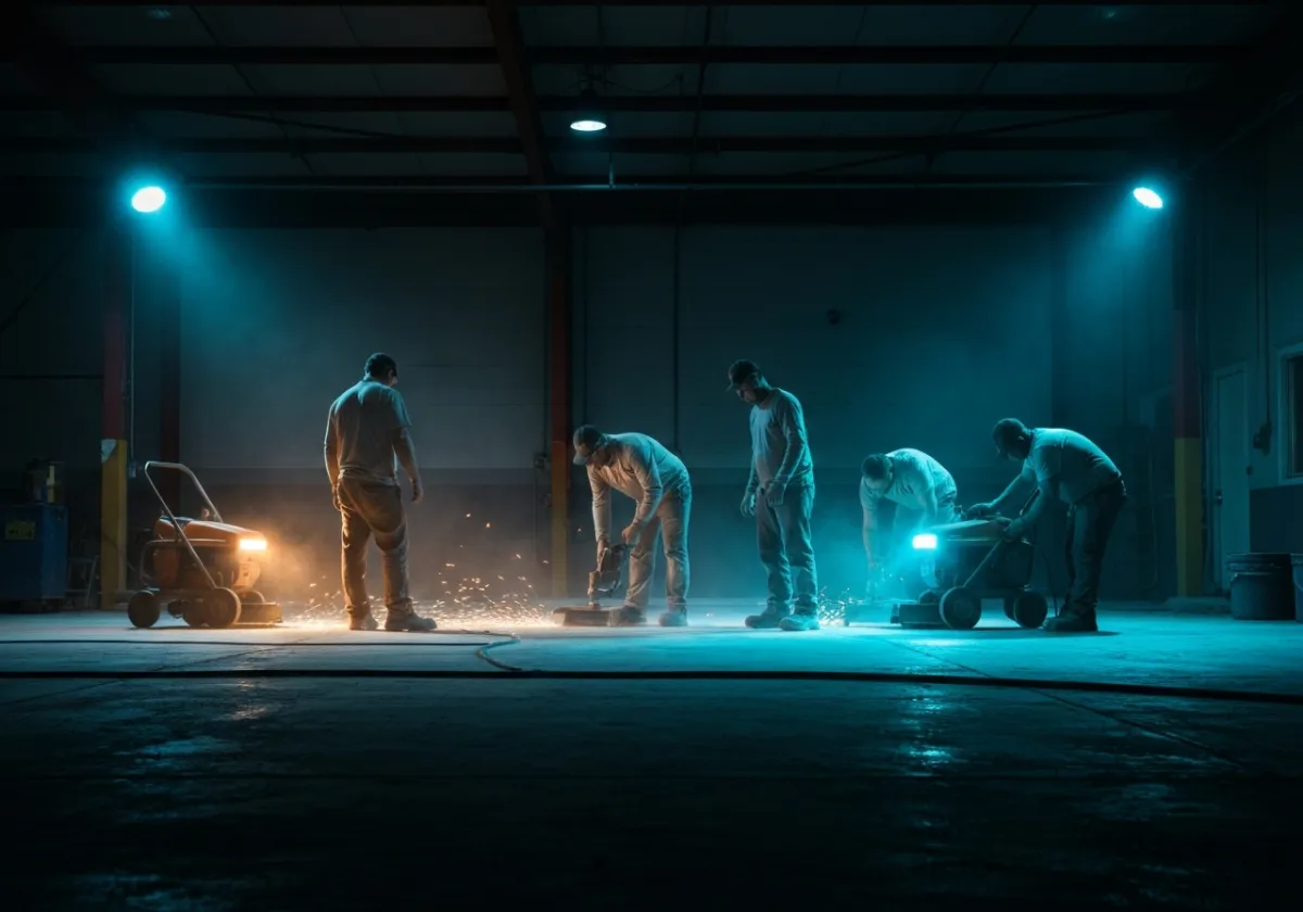 Industrial epoxy flooring crew performing off-hours surface preparation