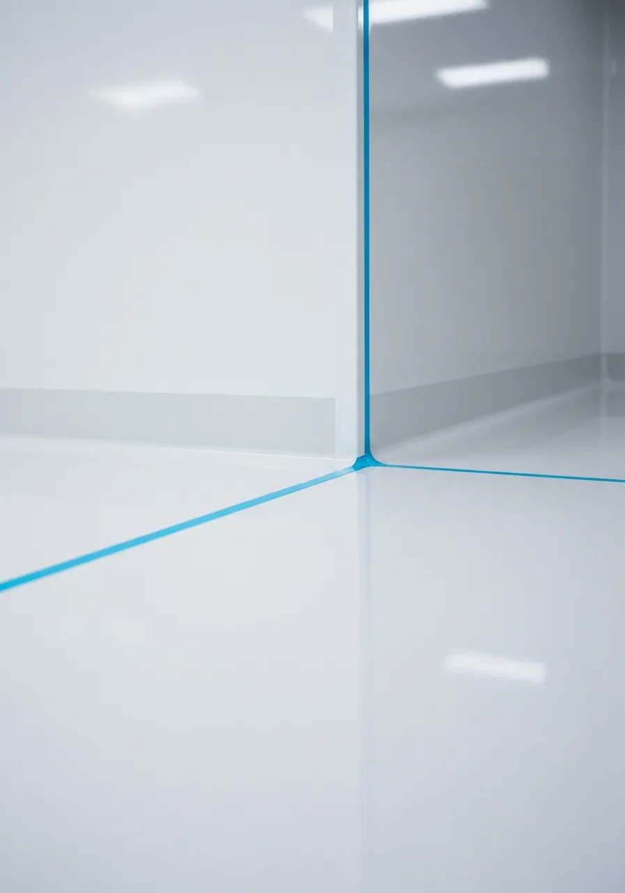 Pristine white epoxy floor macro shot in a medical facility