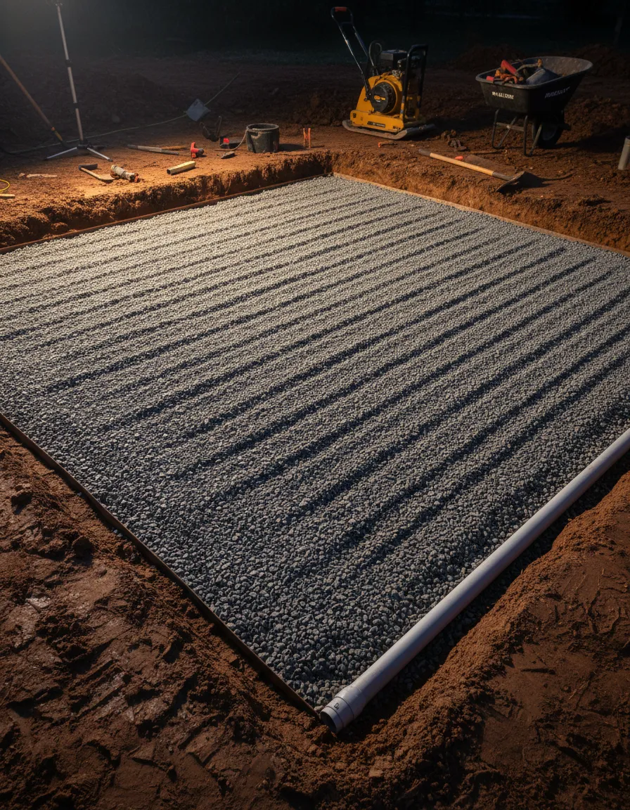 In-progress base compaction and gravel layer for a patio project in Louisville KY