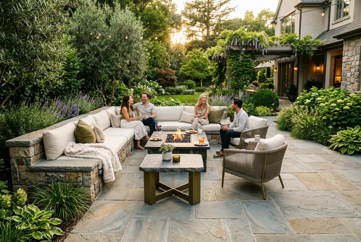 Custom stone paver patio and architectural entertainment lounge