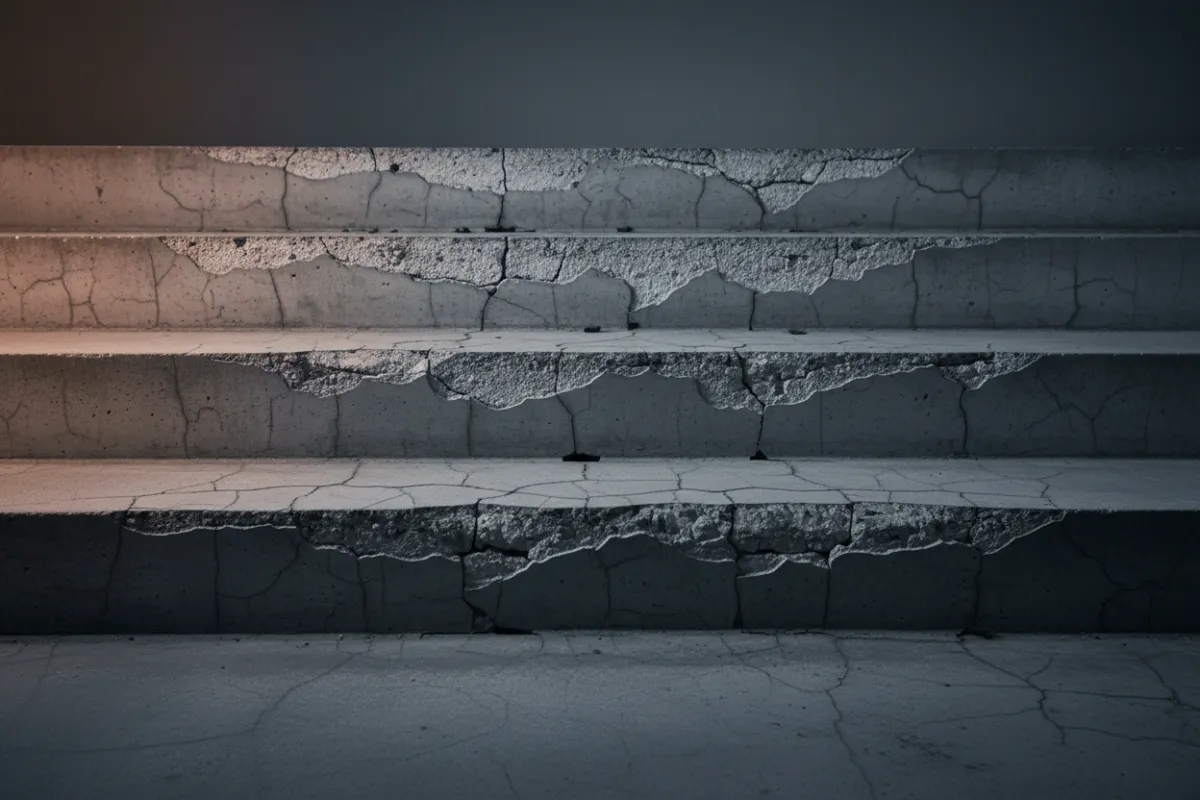 Desaturated photo of cracked poured concrete steps showing freeze-thaw damage
