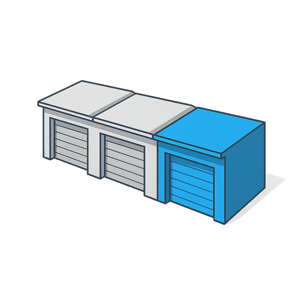 Isometric 3D floor plan layout showing garage bay phasing