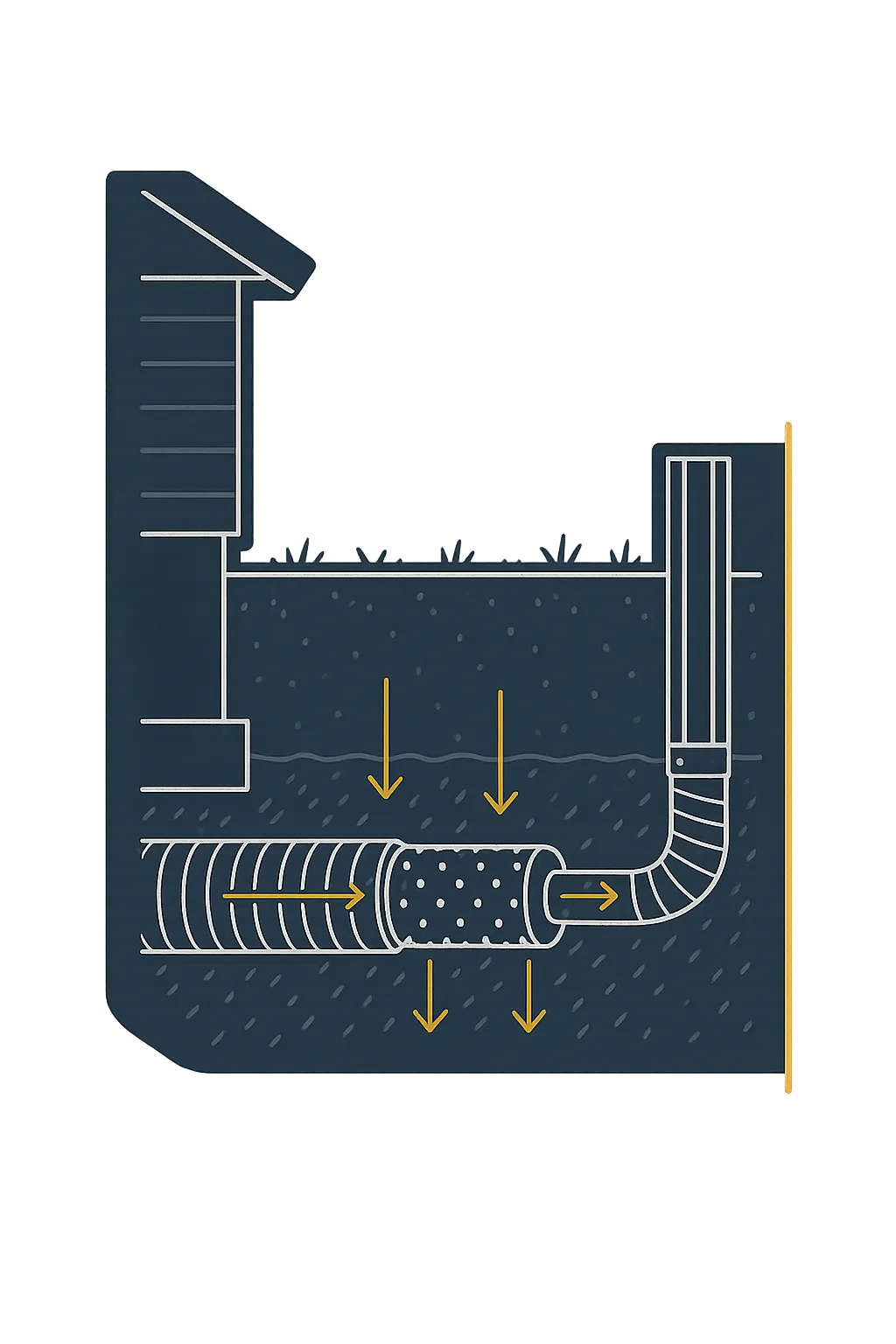 Technical diagram showing cross-section of proper drainage systems beneath a structural hardscape