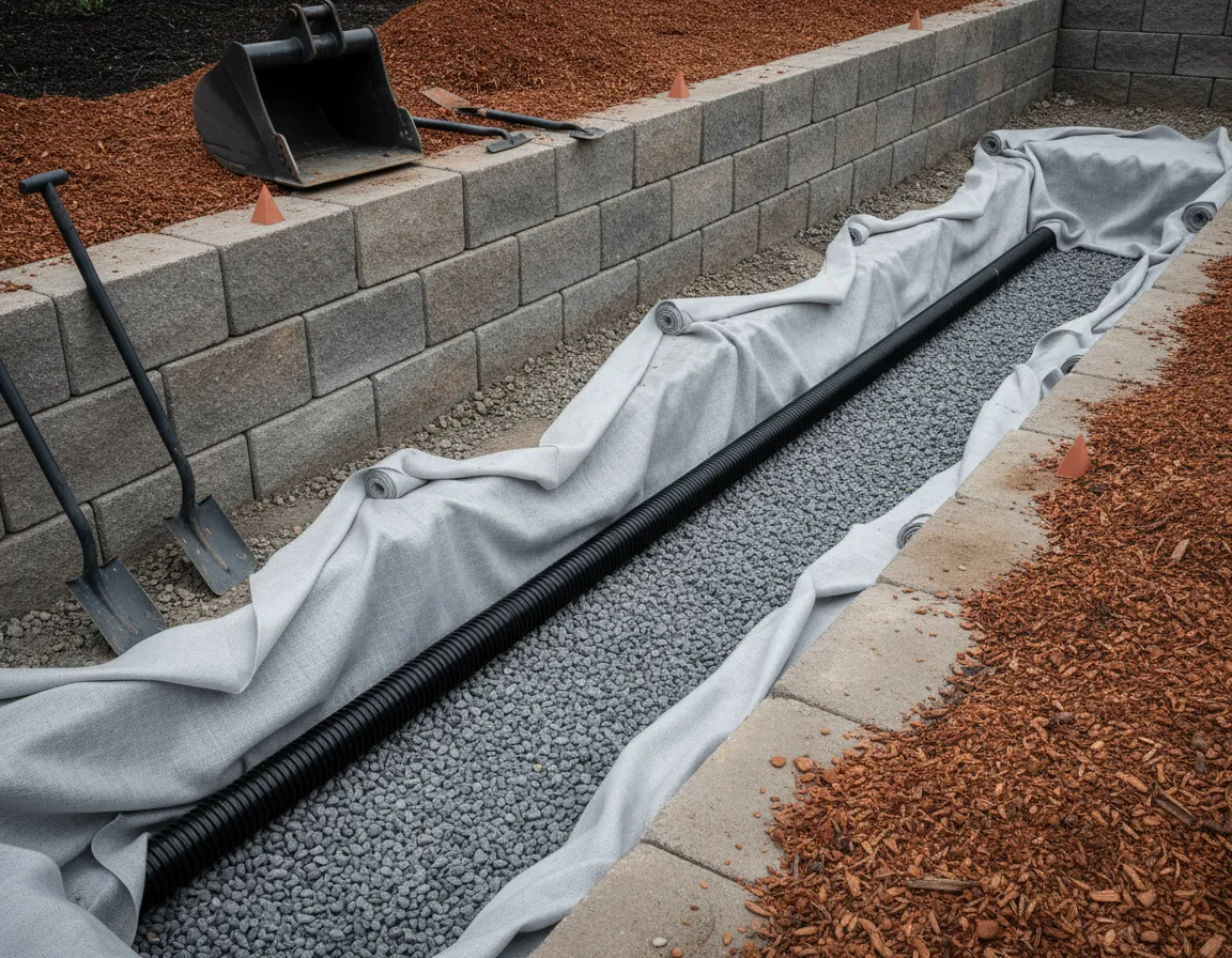 Commercial-grade drainage and engineered backfill behind a stable retaining wall