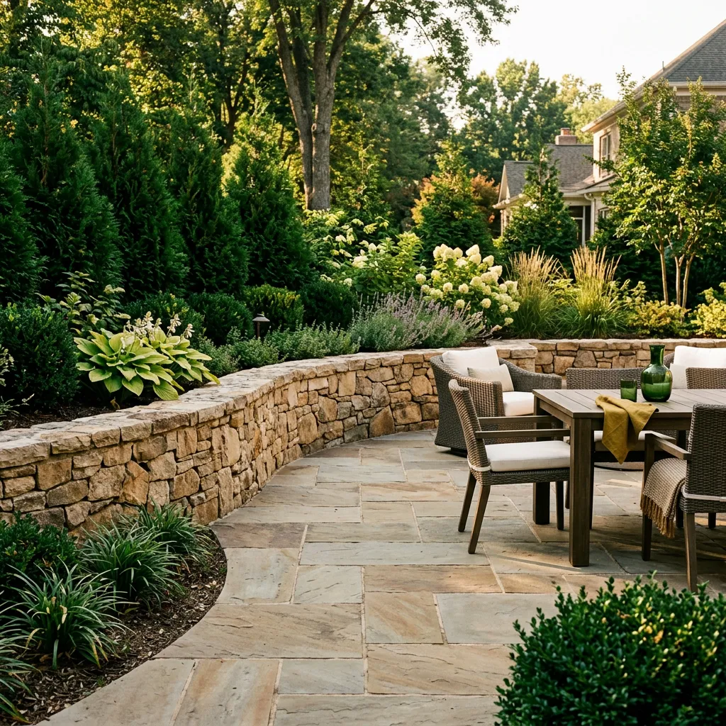 Architectural outdoor living transformation with natural stone patio, engineered retaining wall, and curated landscape plantings in Clarksville Indiana