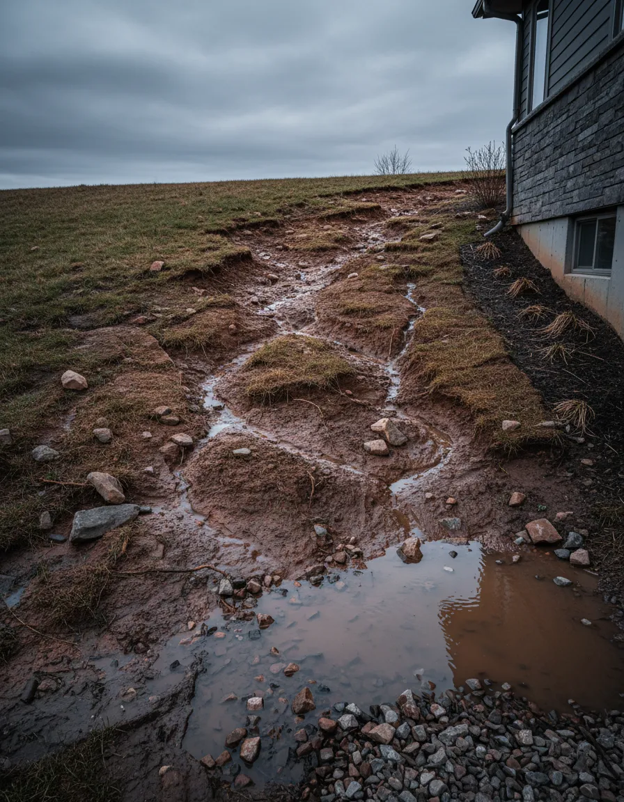 Eroding sloped yard showing soil runoff and lack of usable space