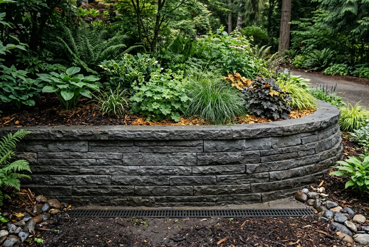Engineered stone retaining wall with integrated drainage