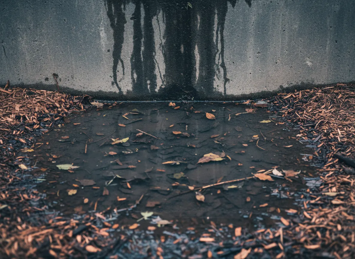 Standing water trapped at the base of a retaining wall