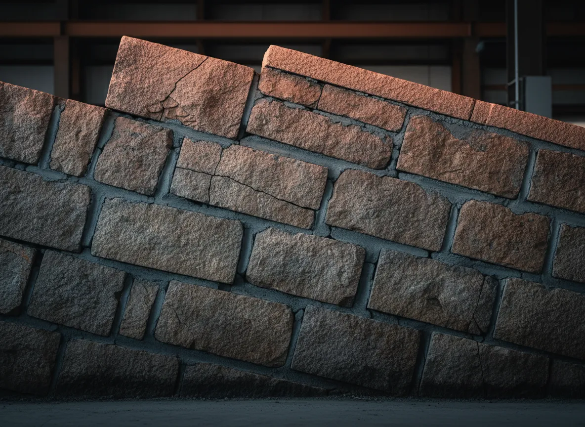 Close-up of a leaning retaining wall showing structural tilt