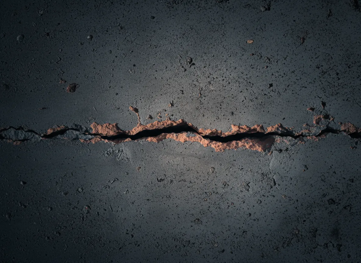 Macro texture photo showing deep cracks tearing through retaining wall blocks