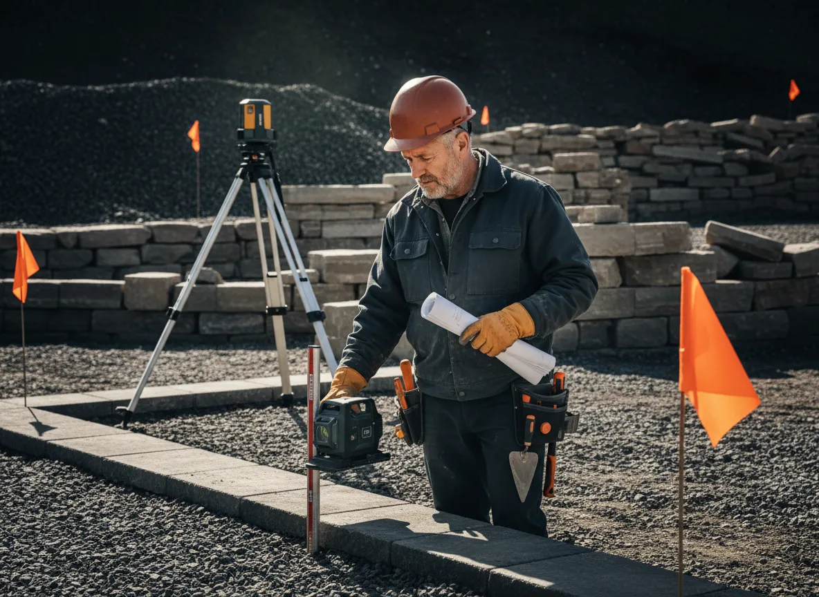 Founder on the job site inspecting a retaining wall base