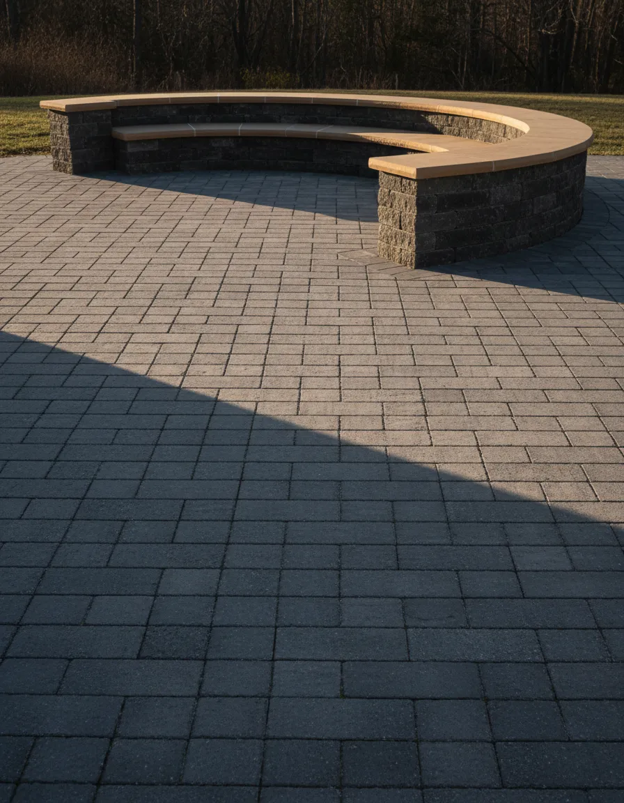 A pristine, furniture-free patio with an elegant permanent seating wall