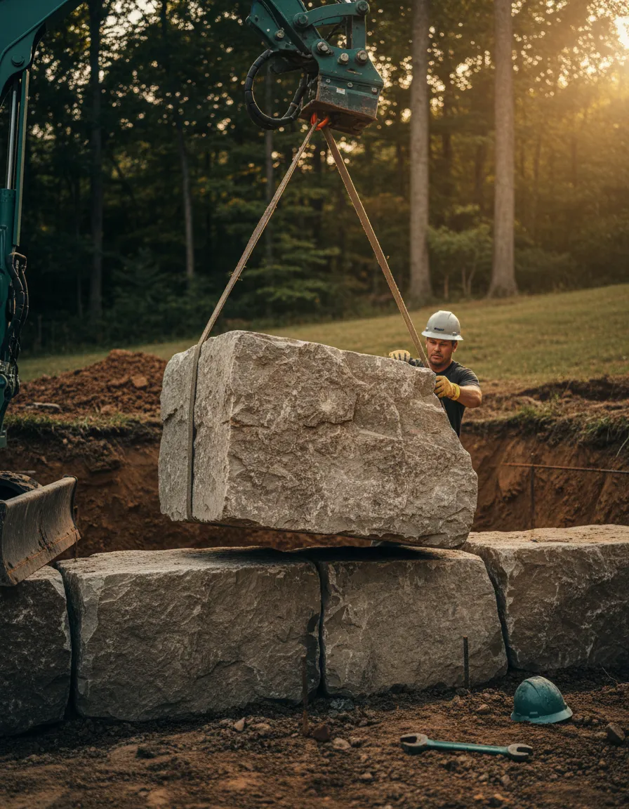 Deep structural stonework and retaining wall foundation in East Louisville