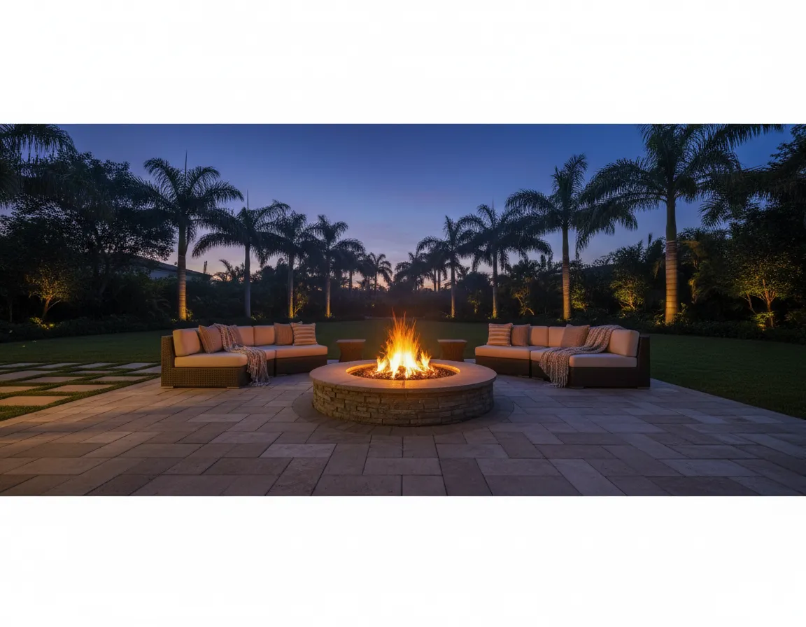 Evening shot of a low, open fire pit built into a patio