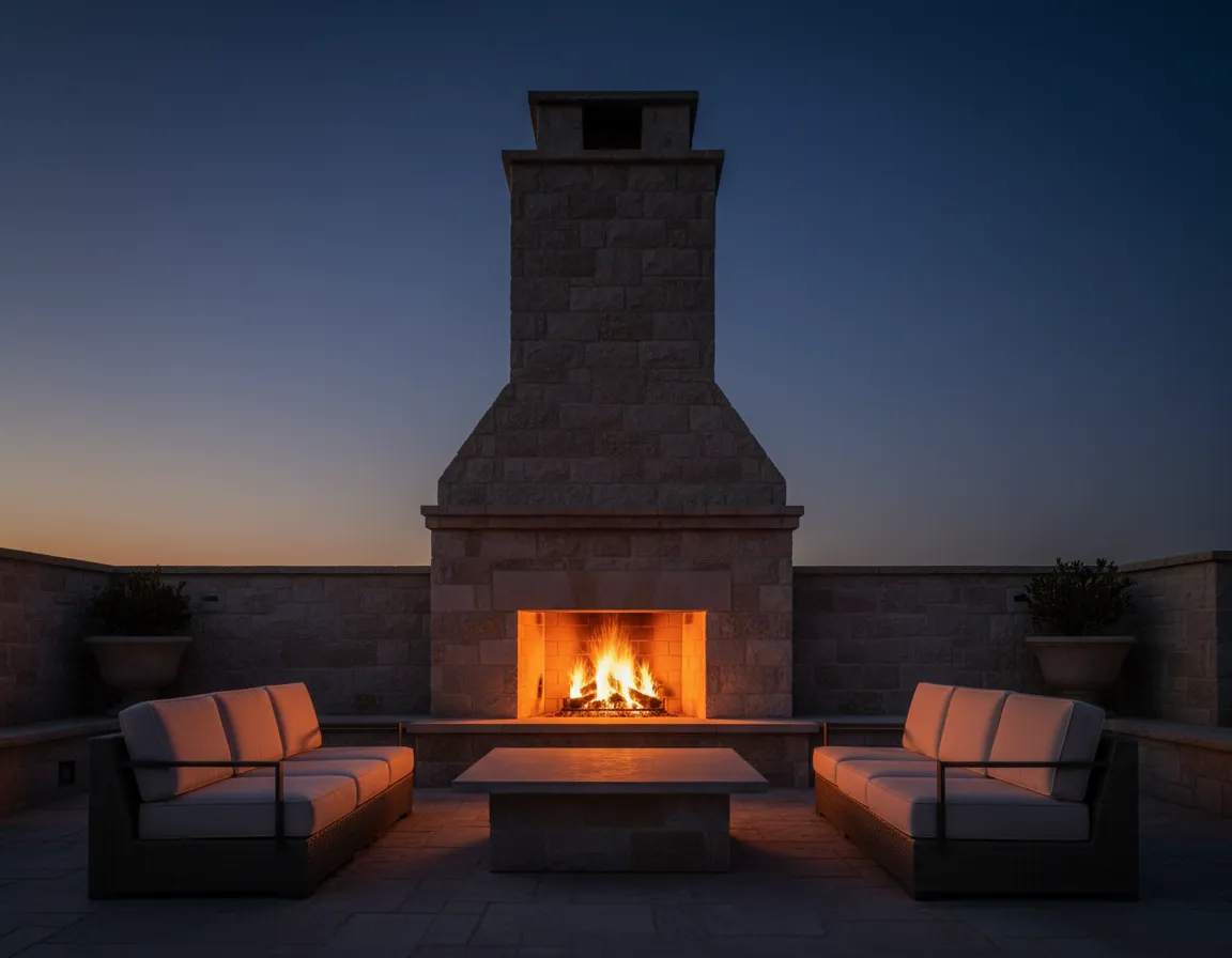 Evening shot of a tall masonry outdoor fireplace with a chimney