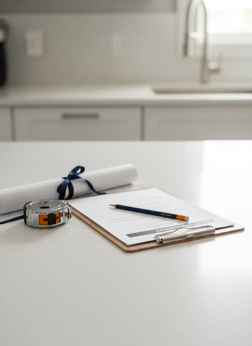 Clipboard and blueprint showing a trusted handyman quoting process