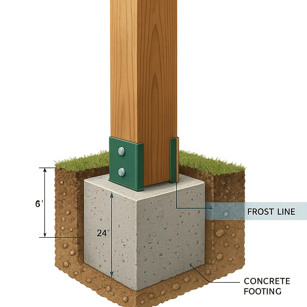 Technical diagram showing structural deck footings extending below regional frost depth lines