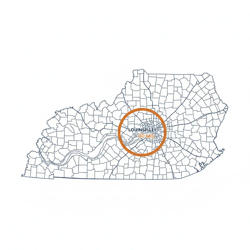 Map of 40-mile service radius around Louisville, KY including Southern Indiana