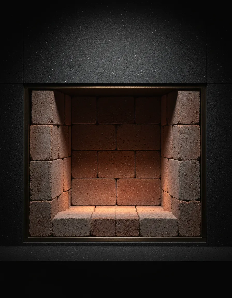 Detailed view of interior masonry and fire pit liner handling sustained heat.