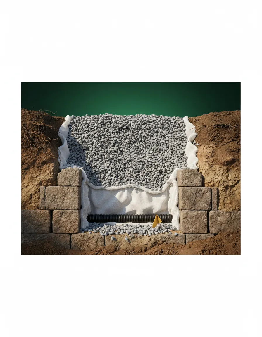 Technical cross-section of a retaining wall with proper drainage