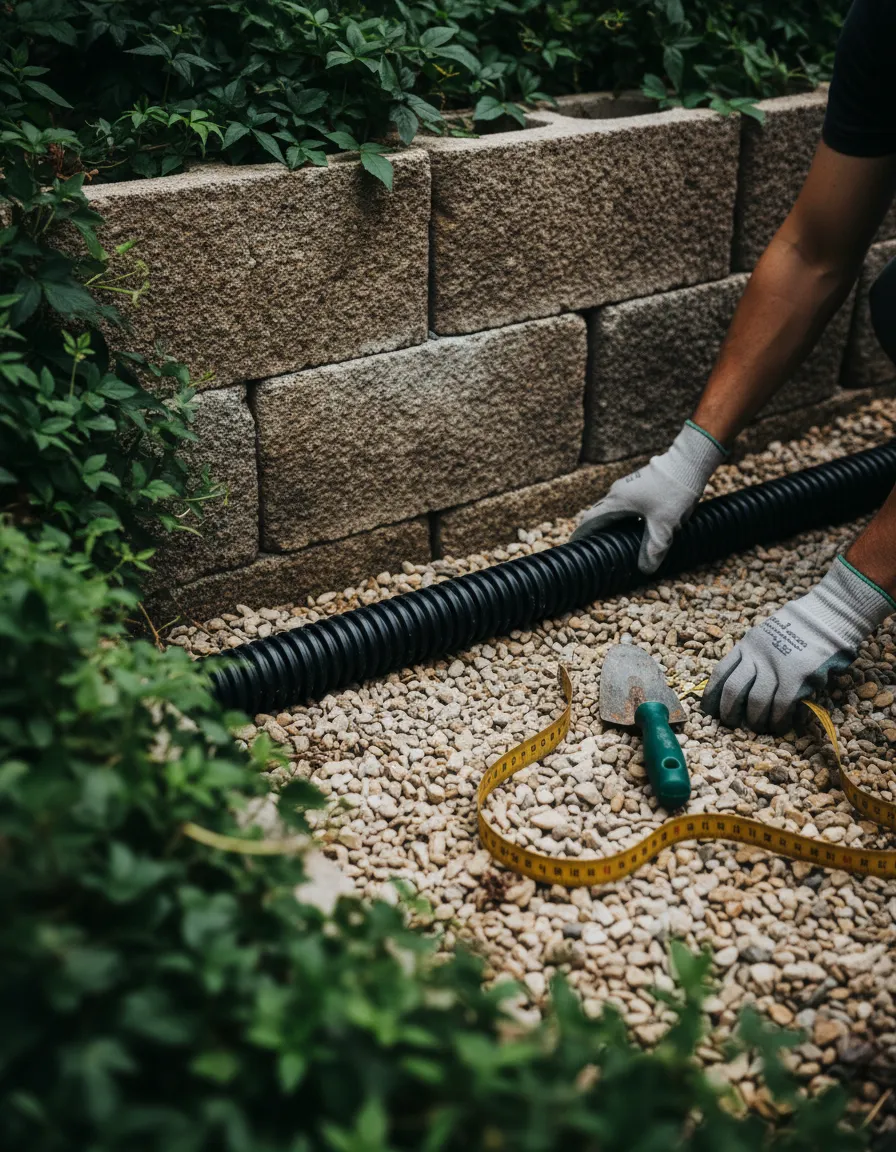 Installation of drainage pipes behind retaining wall