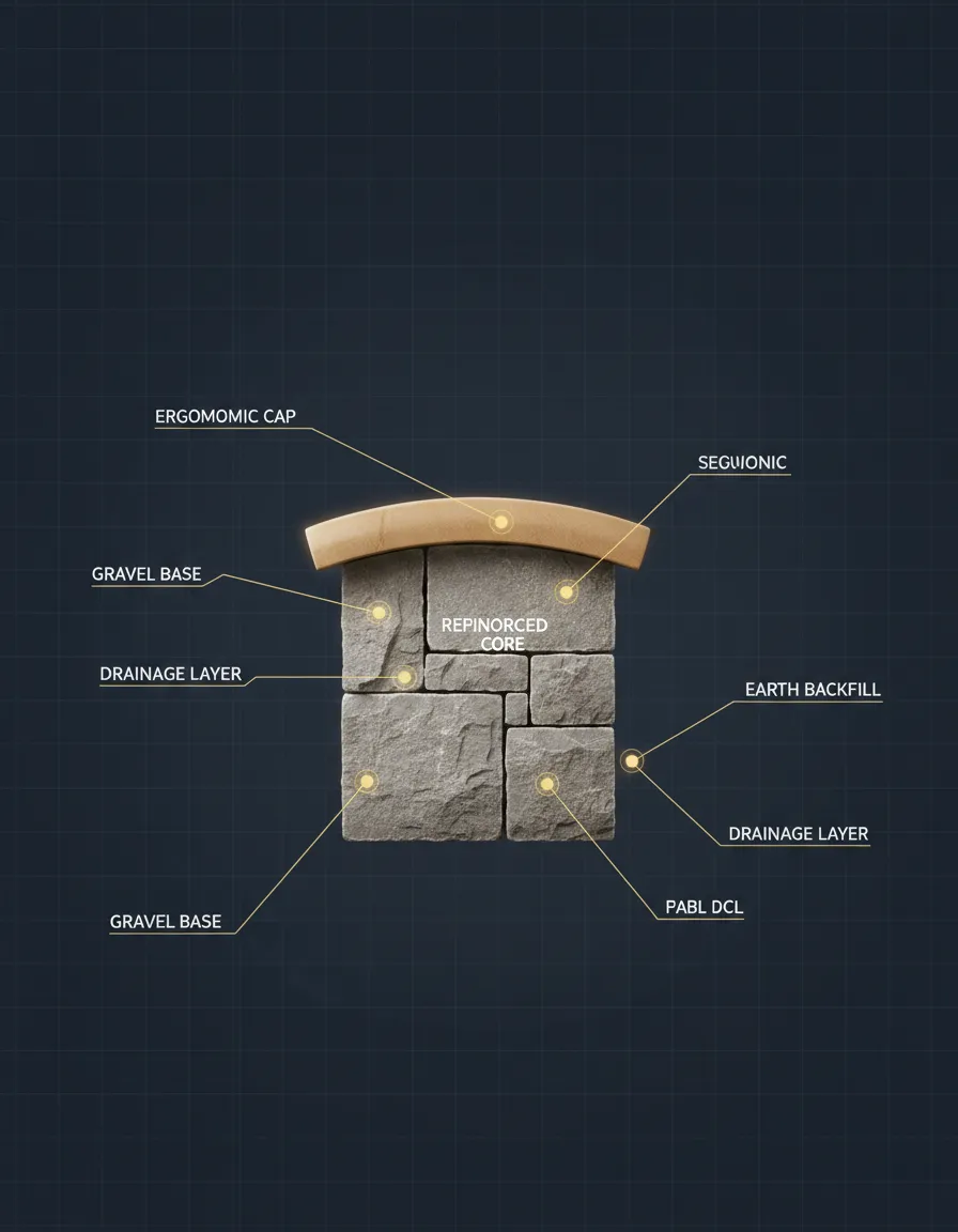 Technical diagram showing a seating wall profile with structural base and flat cap.