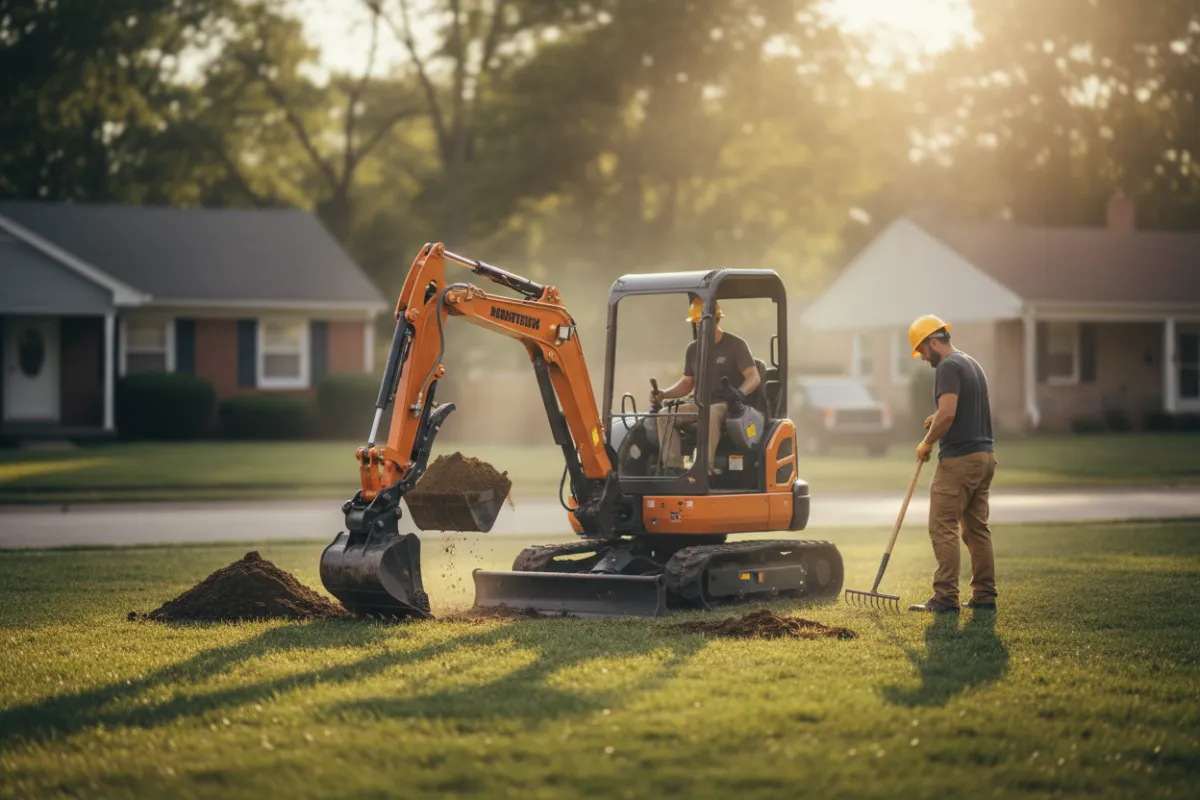 Mini excavator on a residential job site in Louisville