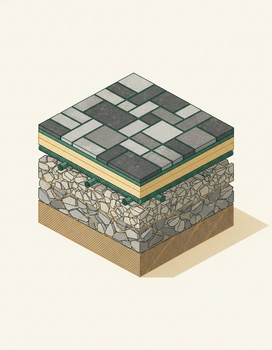 Technical illustration showing hardscape foundation layering process