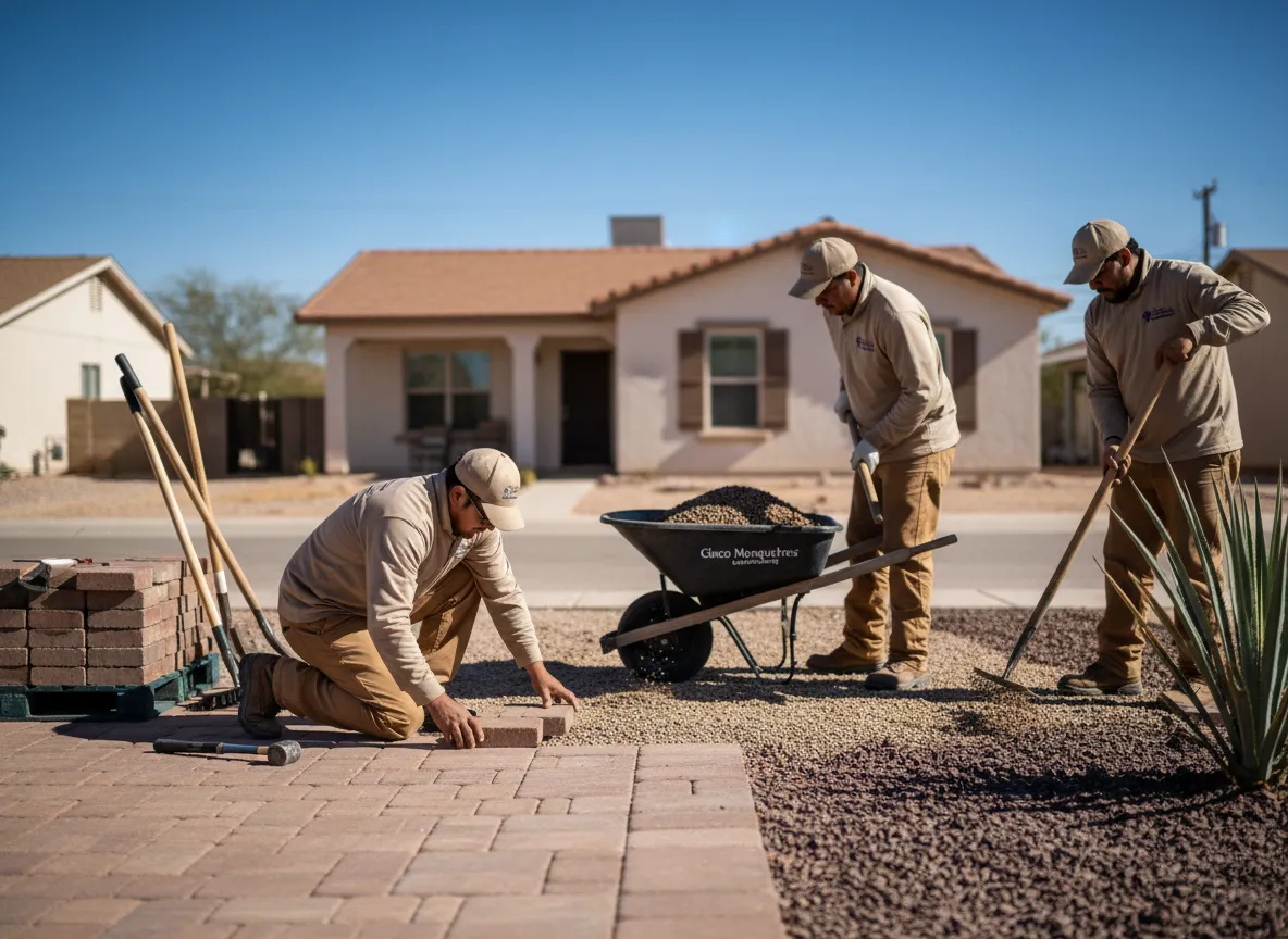 Cinco Mosqueteros landscaping crew working on an El Paso yard