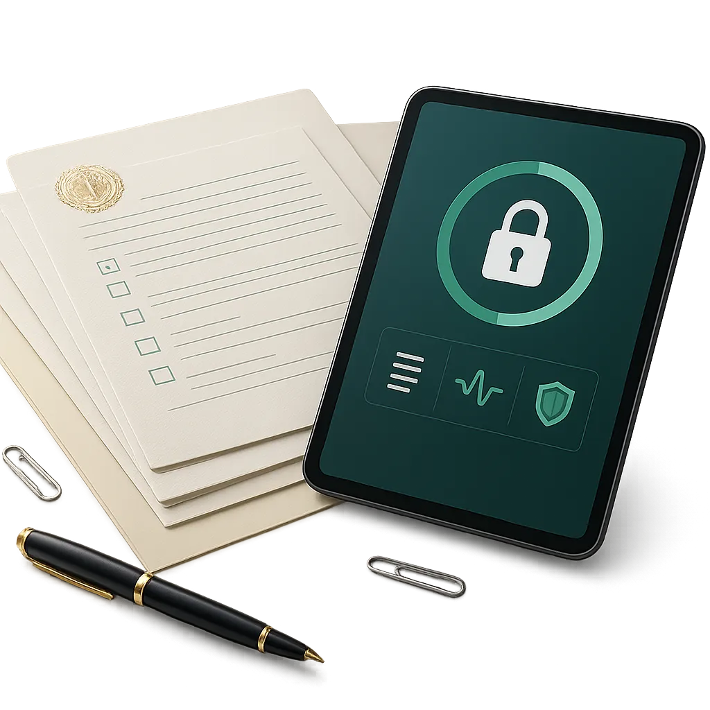 ComplianceCore Starter Package dossier featuring governance checklists, legal bylaws, and digital portal access