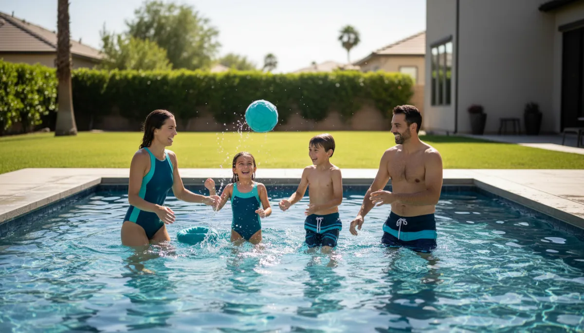 Family enjoying and learning in their backyard swimming pool