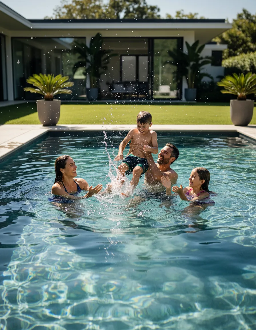 Relaxed family participating together in a backyard swimming pool