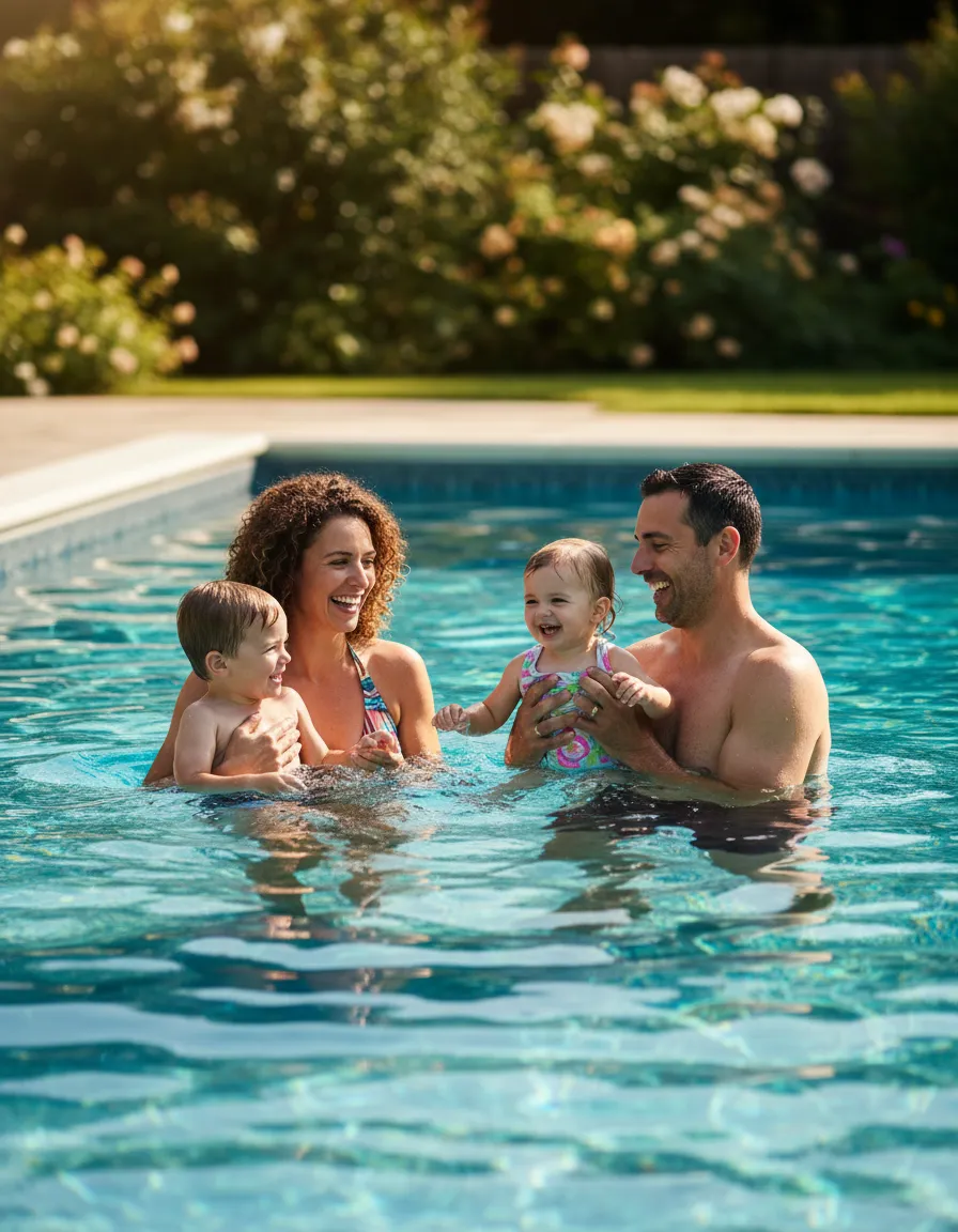 Parents confidently interacting with children in a home pool environment