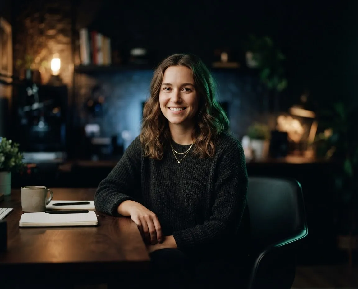 Cinematic portrait photograph of a creator in natural studio lighting with shallow depth of field