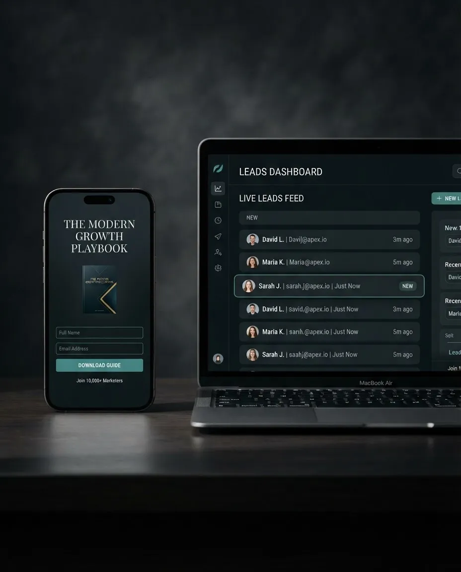 Clean phone and laptop split-screen showing a lead magnet guide cover with signup form and subscriber leads stacking in real-time dashboard