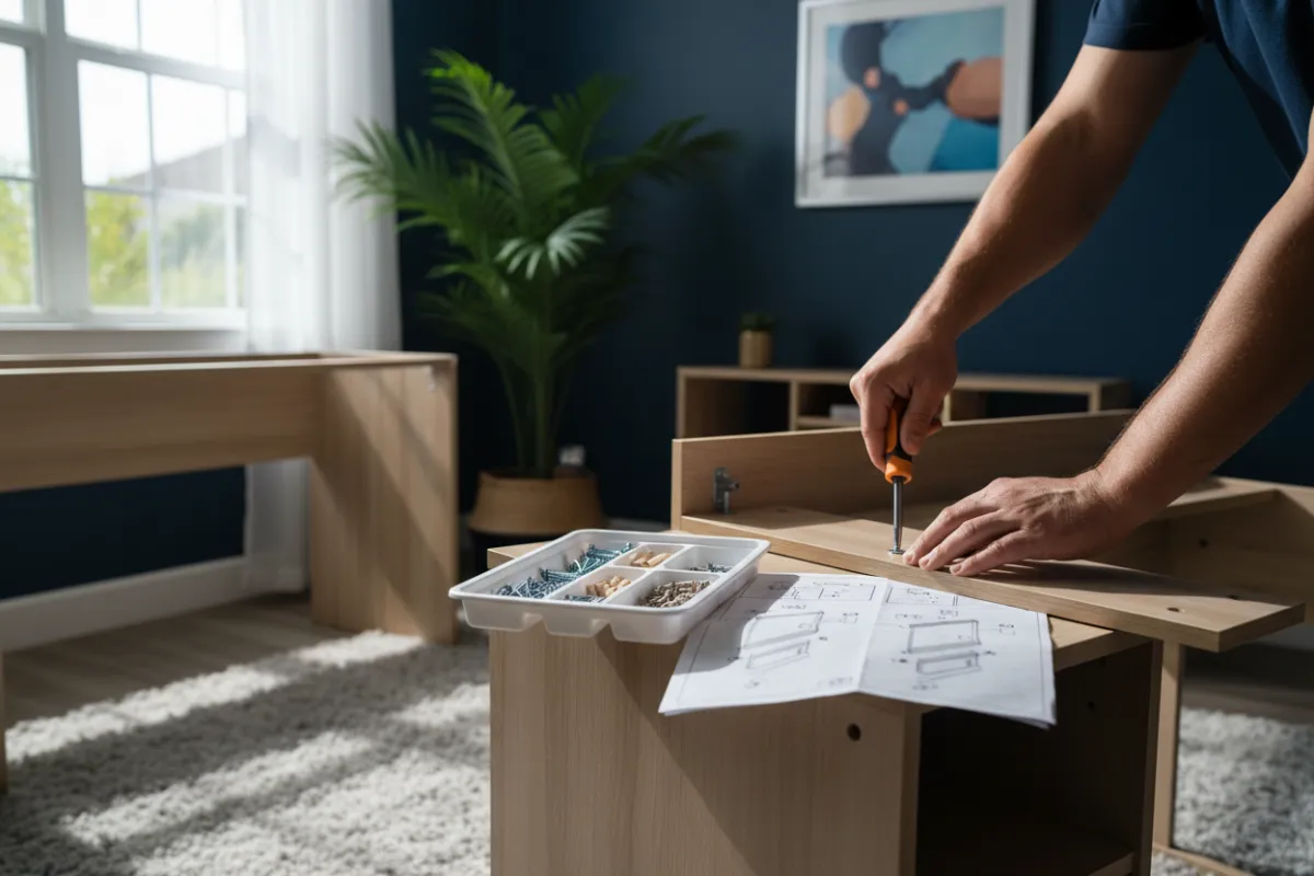 Handyman assembling flat-pack furniture