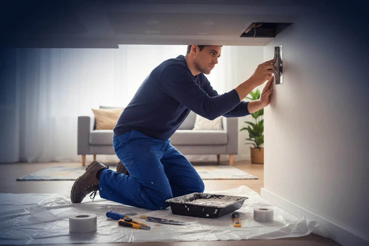 Technician performing drywall repair in Davie home